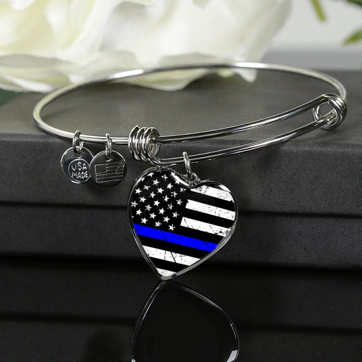 Personalized Thin Blue Line Bangle: Engraved Police Wife Jewelry