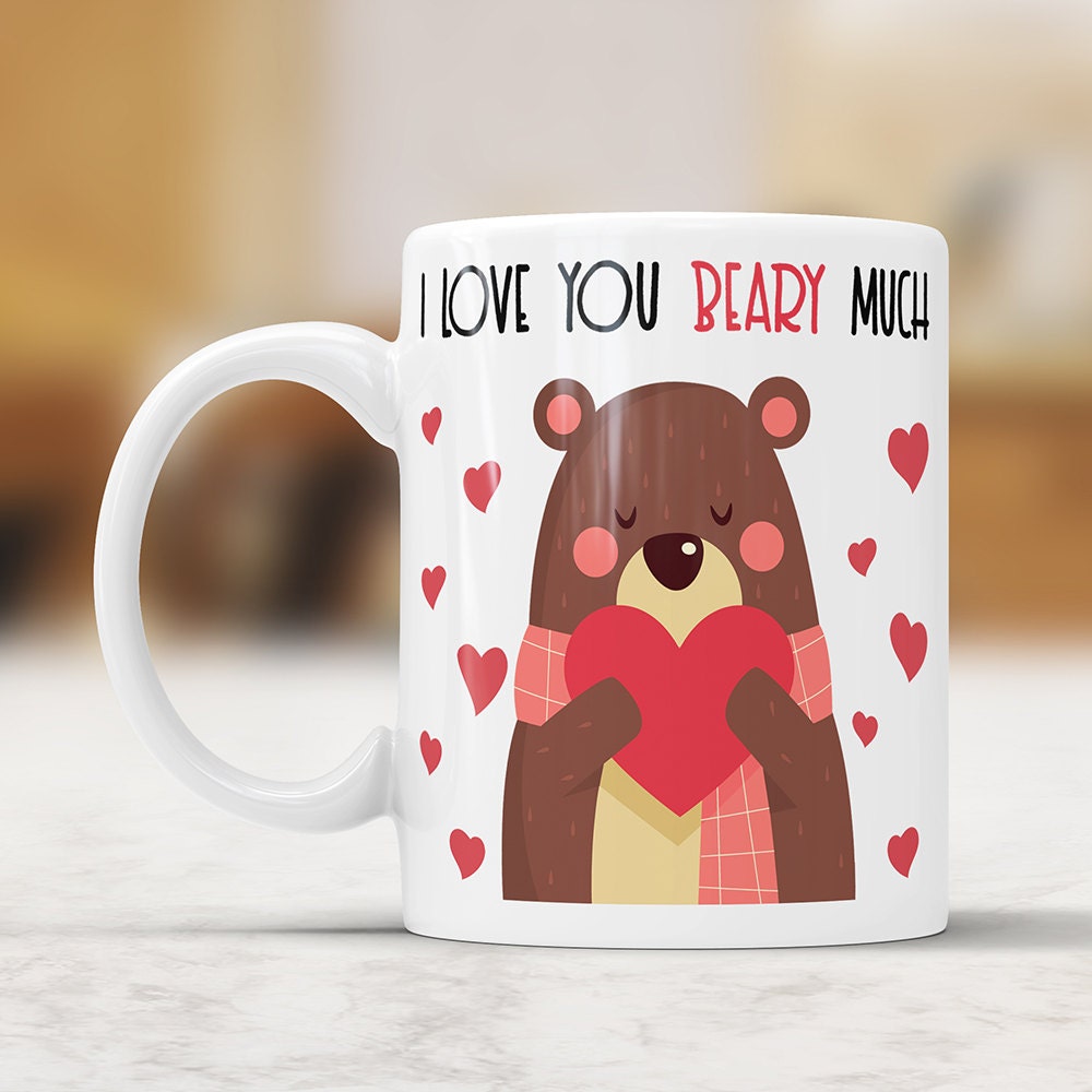 I Love You Beary Much Coffee Mug - Cute Love Bear Ceramic Coffee Cup Perfect Valentines Gift For Boyfriend Hearts Birthday Present