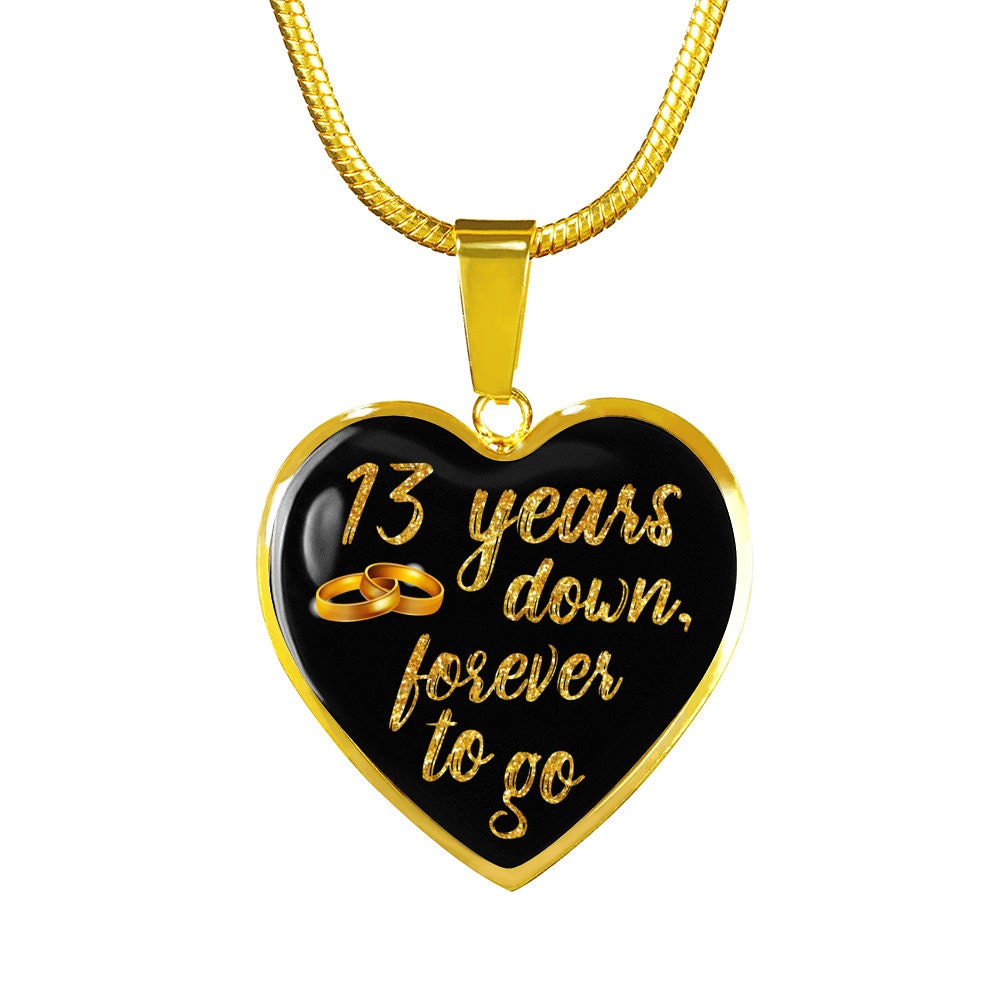 13th Anniversary Necklace: Engraved Heart Pendant, Gold Finish