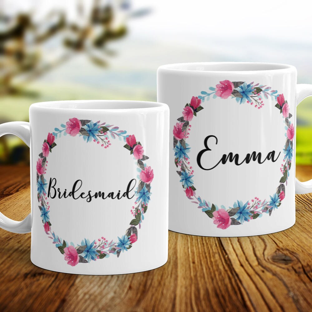 Personalized Bridesmaid Coffee Mug: Floral Wedding Favor Gift