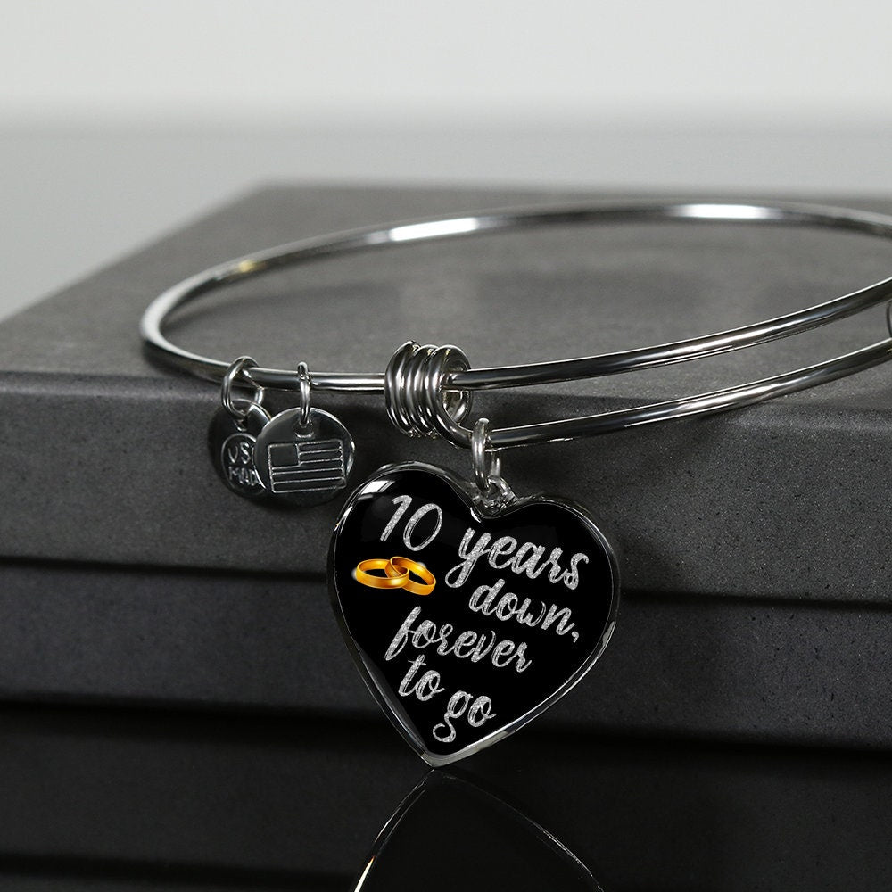 10th Anniversary Bangle Bracelet: Engraved Heart Pendant, Gold Finish
