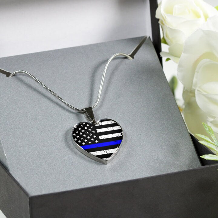 Personalized Thin Blue Line Heart Pendant Necklace: Engraved Police Gift