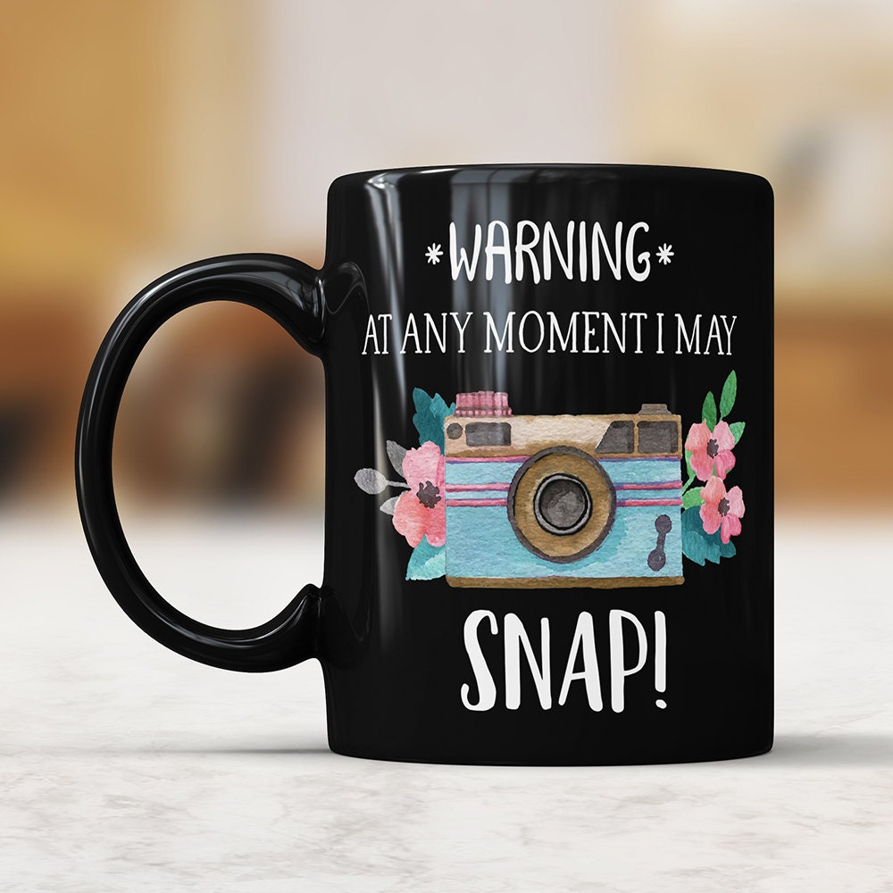 Funny Photographer Mug: Warning I May Snap - Camera Coffee Cup