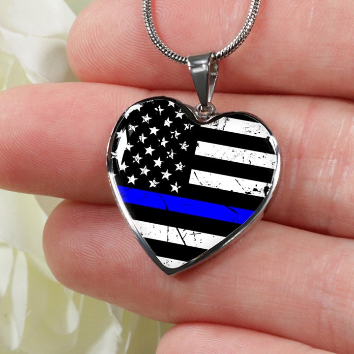 Personalized Thin Blue Line Heart Pendant Necklace: Engraved Police Gift