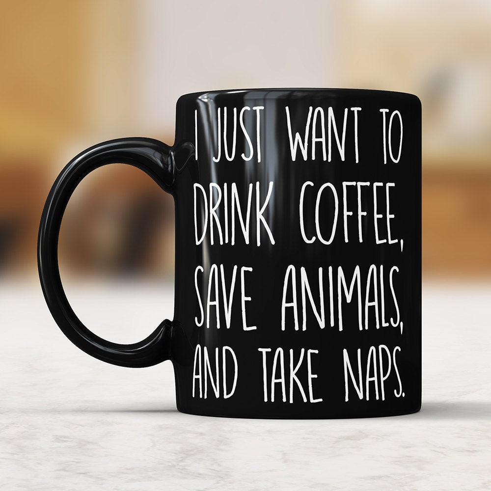 Funny Veterinarian Coffee Mug: Save Animals, Take Naps - Black Ceramic