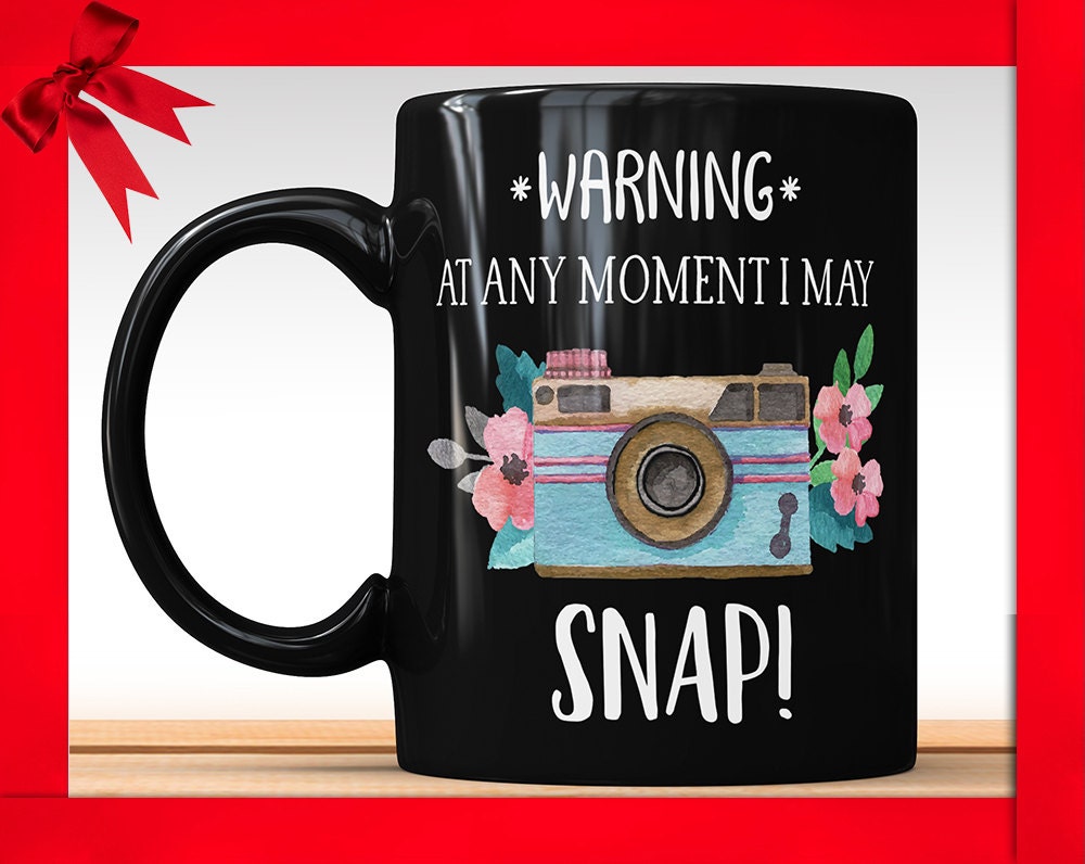 Funny Photographer Mug: Warning I May Snap - Camera Coffee Cup