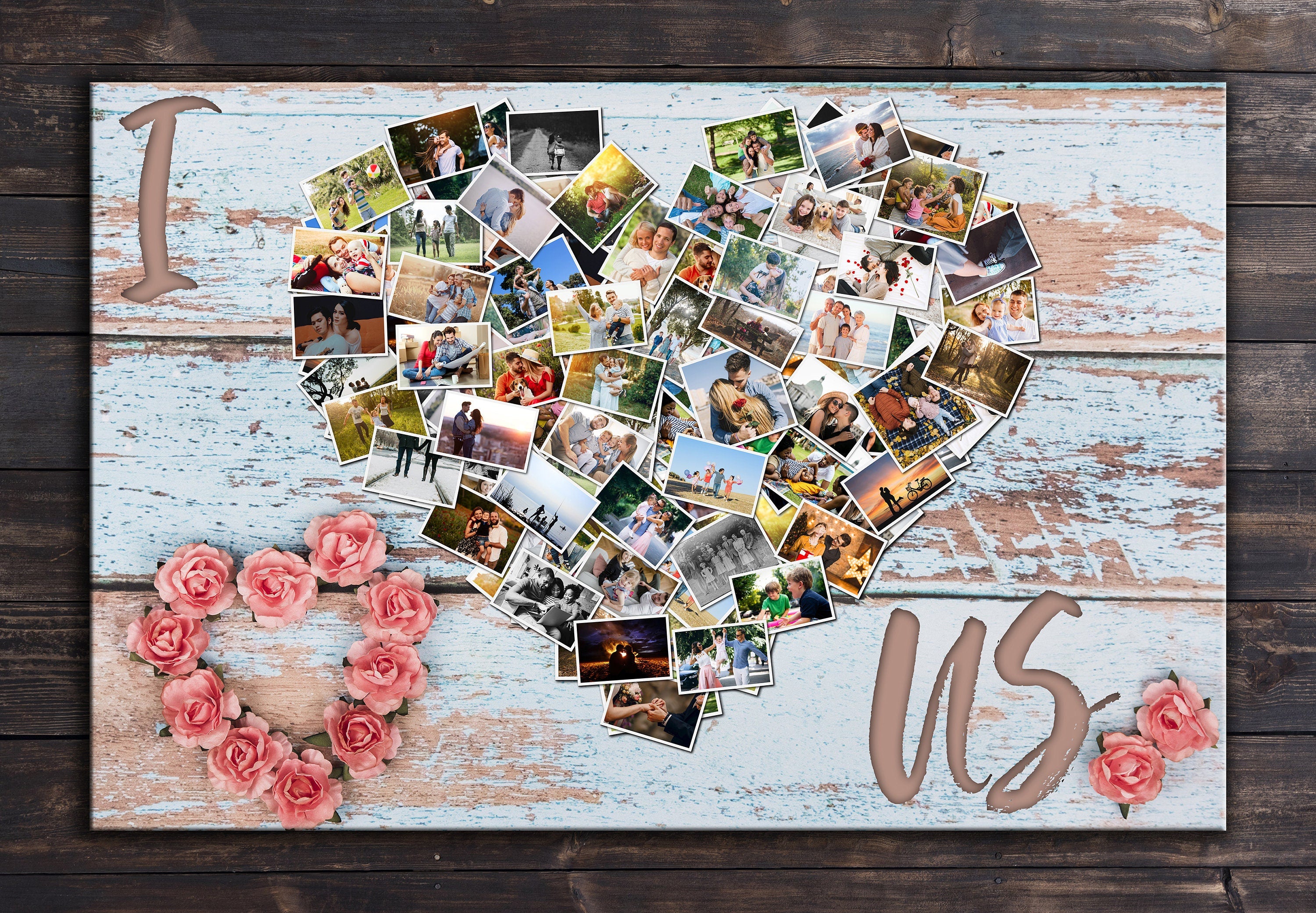 Personalized Heart Photo Collage Canvas: Distressed Wood Love Gift