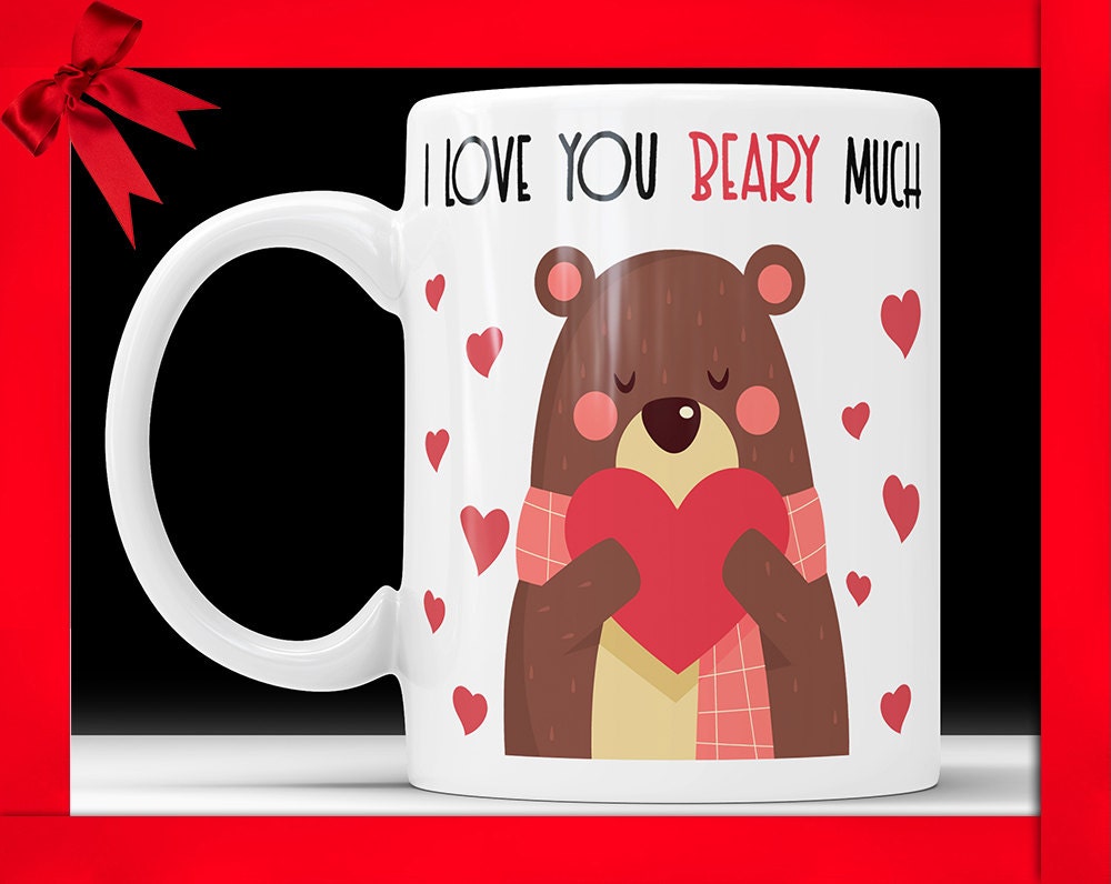 I Love You Beary Much Coffee Mug - Cute Love Bear Ceramic Coffee Cup Perfect Valentines Gift For Boyfriend Hearts Birthday Present