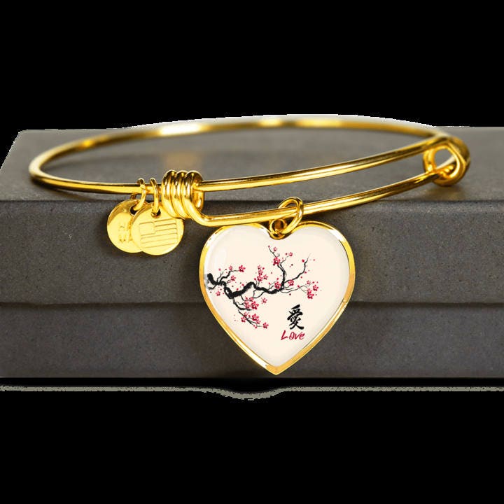 Personalized Love Bangle: 18k Gold Finish, Engraved Heart Pendant