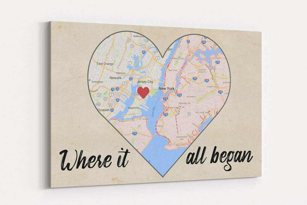 Where It All Began Personalised Map Print Canvas Personalized Engagement Gift Wall Art Wedding Gift Anniversary Gift Print Custom Couple Art