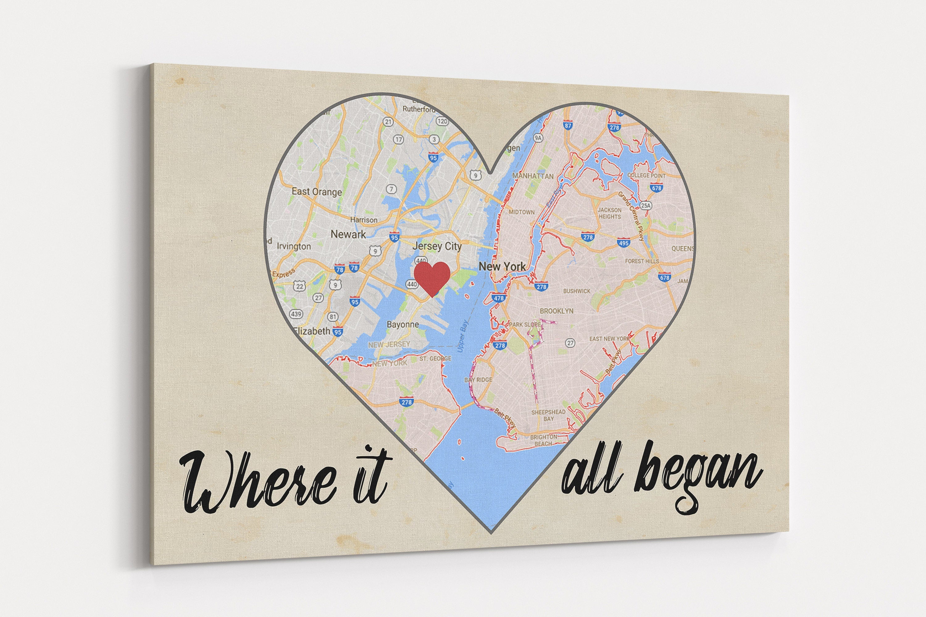 Where It All Began Personalised Map Print Canvas Personalized Engagement Gift Wall Art Wedding Gift Anniversary Gift Print Custom Couple Art
