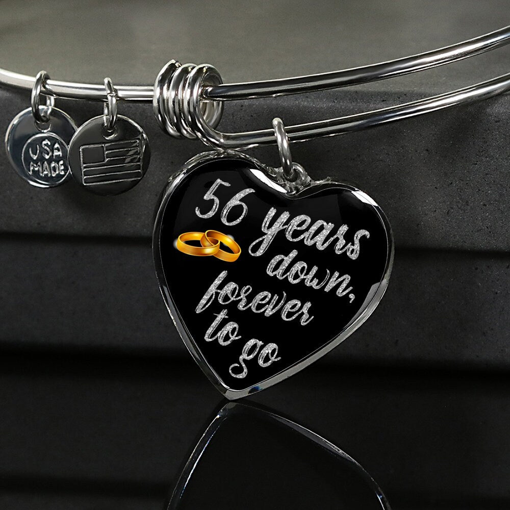 56th Anniversary Bangle Bracelet: Engraved Heart Pendant, Gold Finish