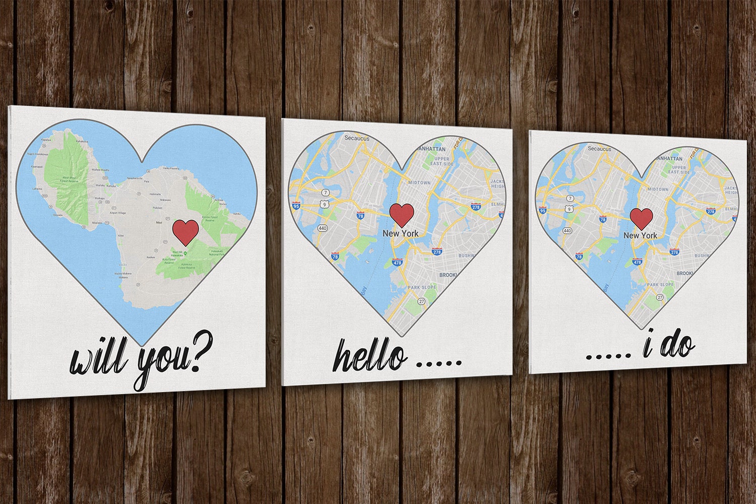 Gifts for Him or Her Cotton Anniversary Gift Custom Map Art using Three Locations, map heart, couple Location Canvas Personalized Wedding