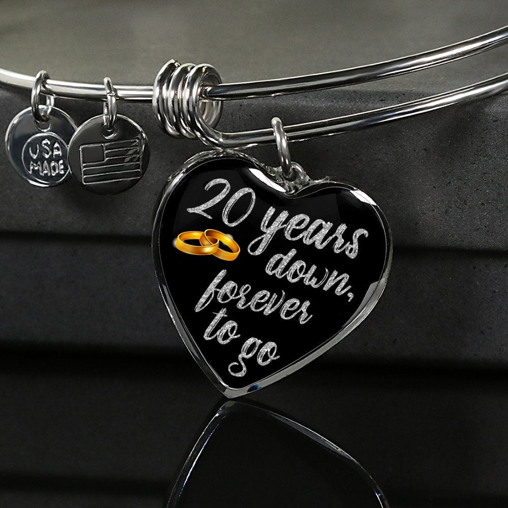 20th Anniversary Bangle Bracelet: Engraved Heart Pendant, Gold Finish