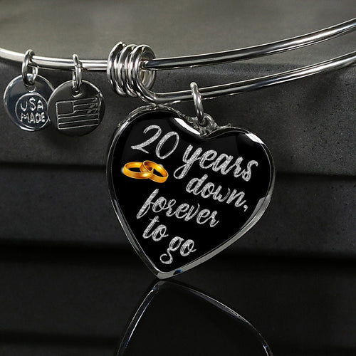 20th Anniversary Bangle Bracelet: Engraved Heart Pendant, Gold Finish