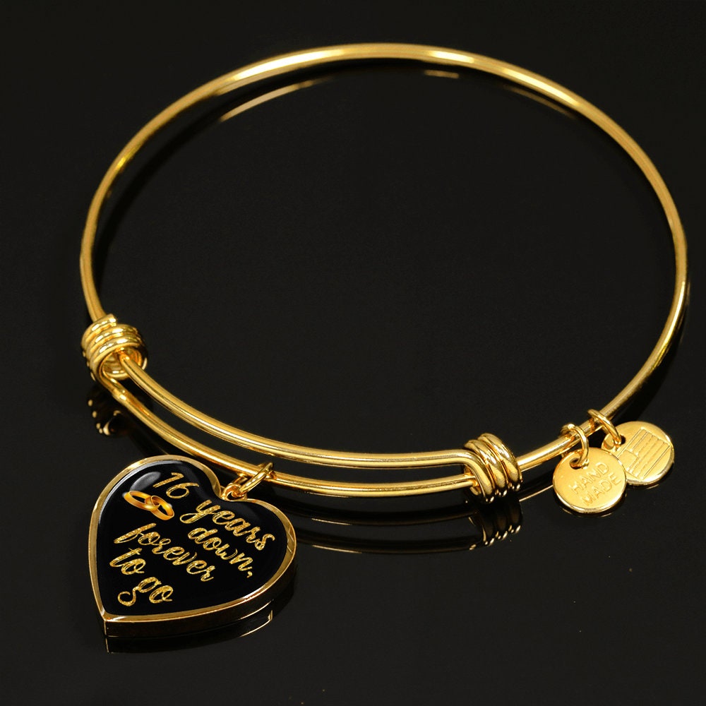 16th Anniversary Bangle Bracelet: Engraved Heart Pendant, Gold Finish