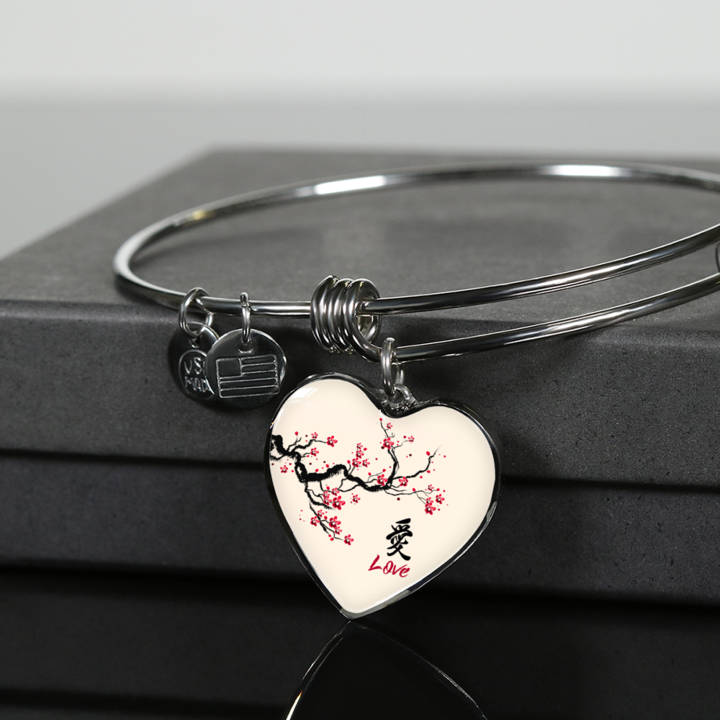 Personalized Love Bangle: 18k Gold Finish, Engraved Heart Pendant
