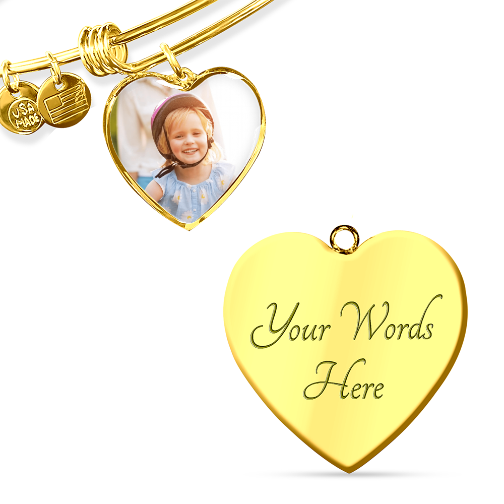 30th Anniversary Bangle Bracelet: Engraved Heart Pendant, Gold & Silver