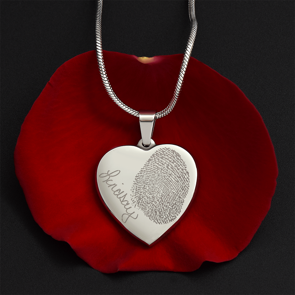 Personalized Fingerprint Heart Necklace: Engraved Handwriting, Gold or Silver