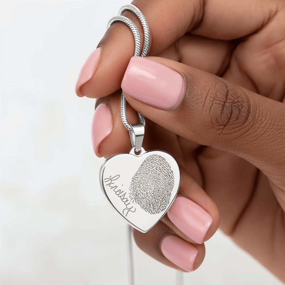 Personalized Fingerprint Heart Necklace: Engraved Handwriting, Gold or Silver