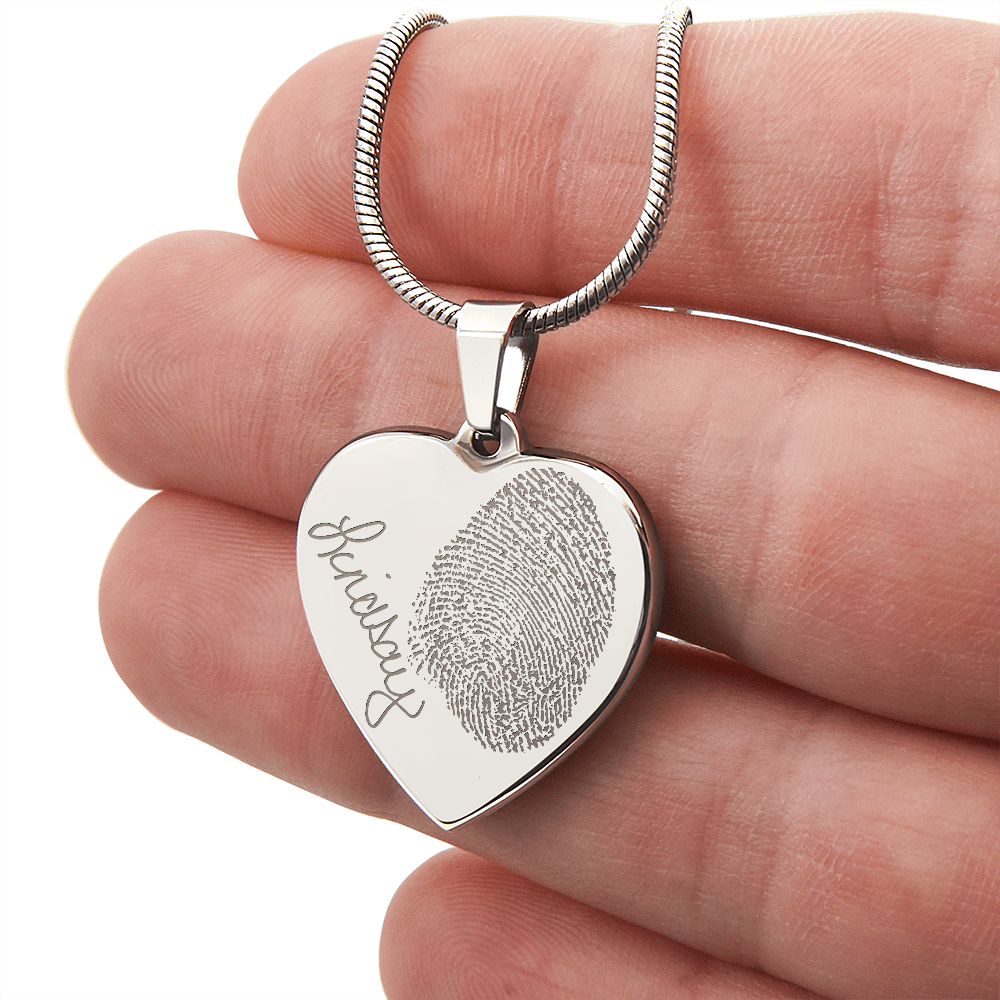 Personalized Fingerprint Heart Necklace: Engraved Handwriting, Gold or Silver