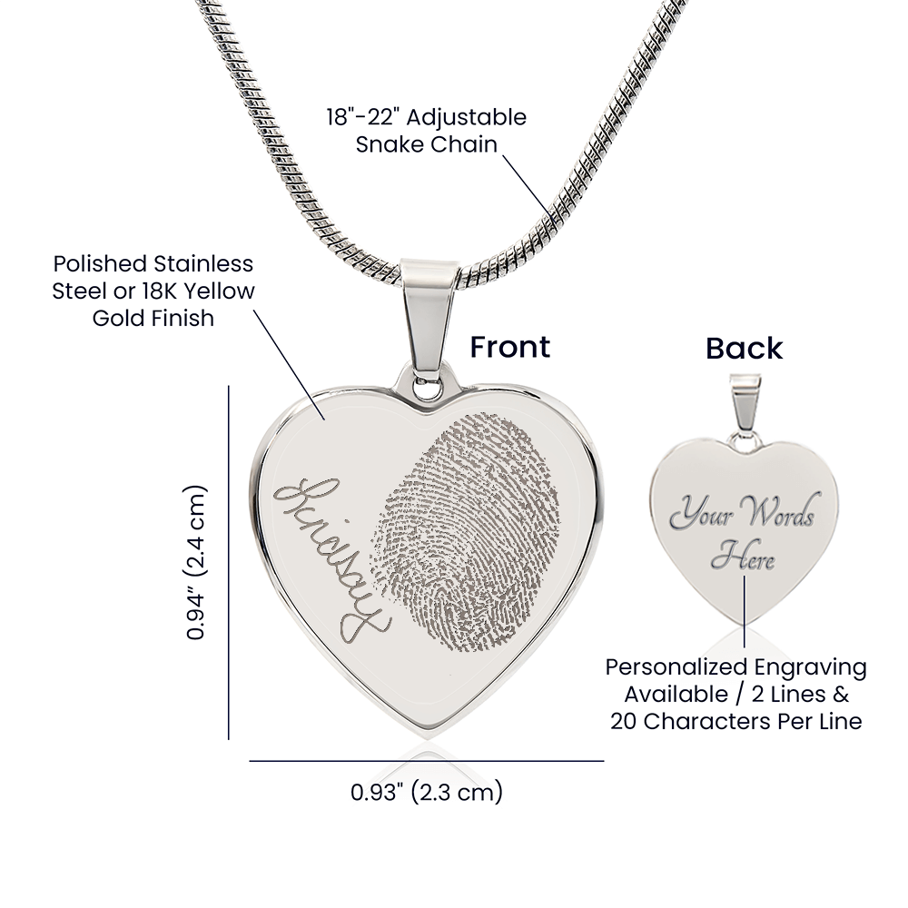 Personalized Fingerprint Heart Necklace: Engraved Handwriting, Gold or Silver