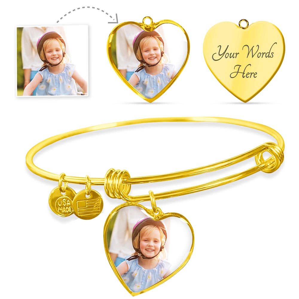 30th Anniversary Bangle Bracelet: Engraved Heart Pendant, Gold & Silver