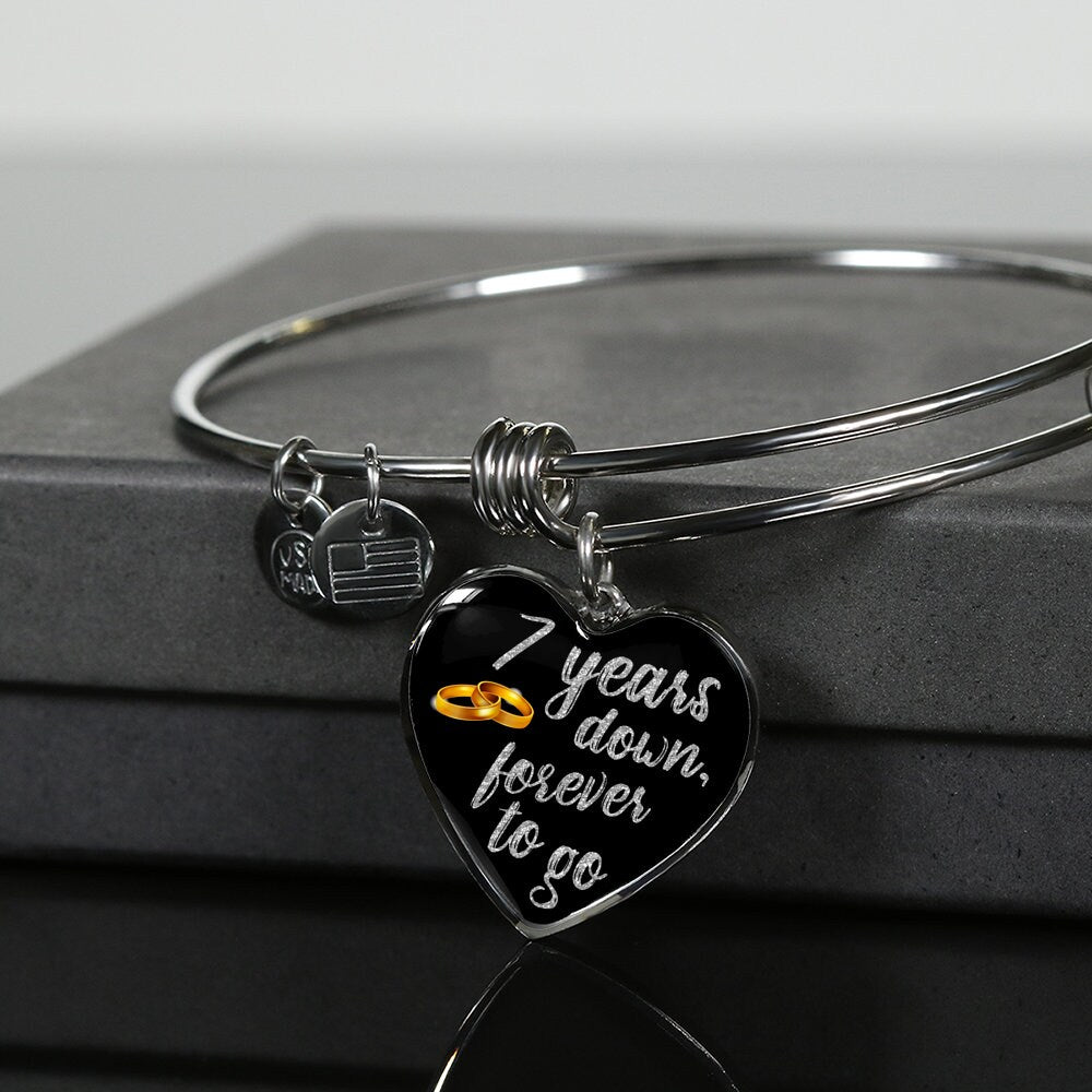 7th Anniversary Bangle Bracelet: Engraved Heart Pendant, Gold Finish