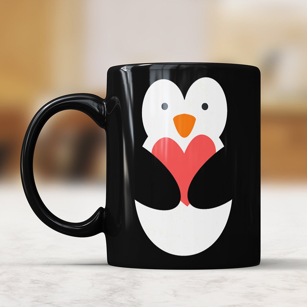 Penguin Black Coffee Mug - Valentines Girlfriend Gift for Boyfriend Cute Penguin Mug With Heart