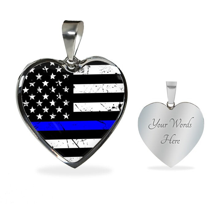 Personalized Thin Blue Line Heart Pendant Necklace: Engraved Police Gift