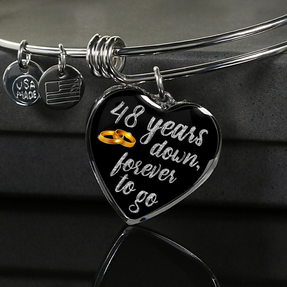 48th Anniversary Bangle Bracelet: Engraved Heart Pendant, Gold Finish