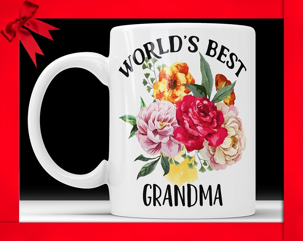 Worlds Best Grandma Mug - Floral Coffee Mug Perfect Birthday or Christmas Gift For Grandmother