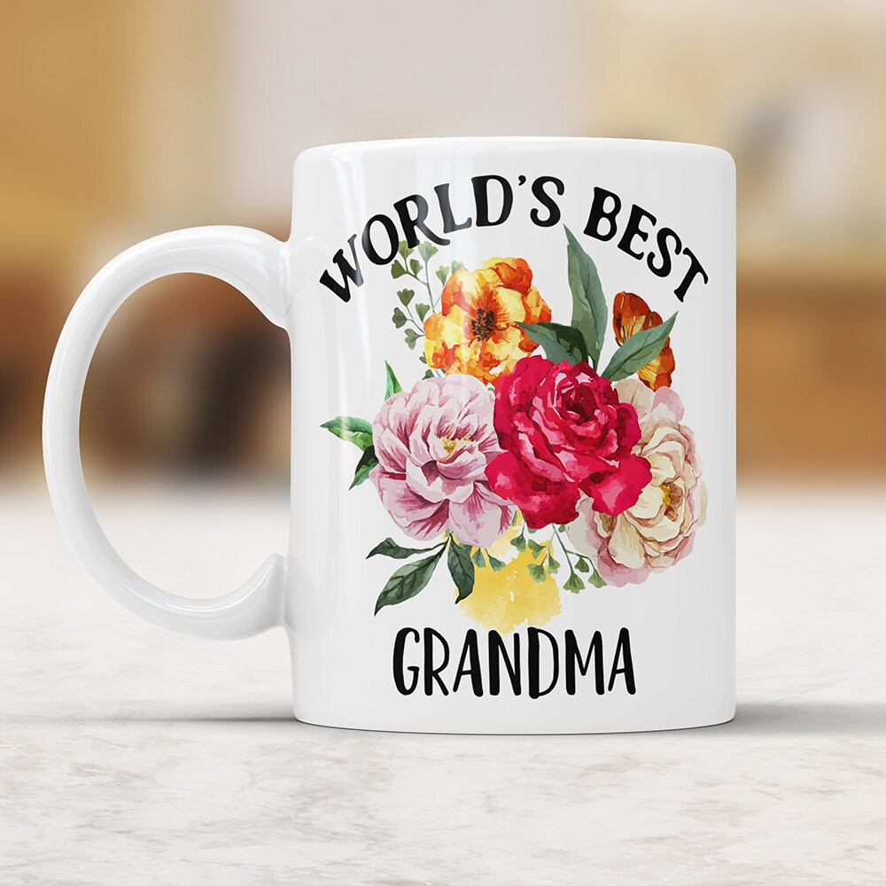 Worlds Best Grandma Mug - Floral Coffee Mug Perfect Birthday or Christmas Gift For Grandmother
