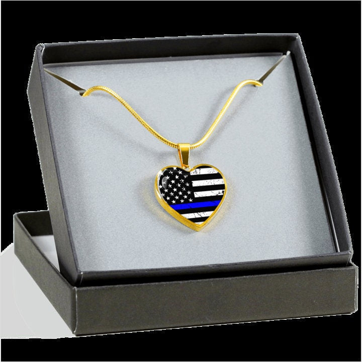 Personalized Thin Blue Line Heart Pendant Necklace: Engraved Police Gift