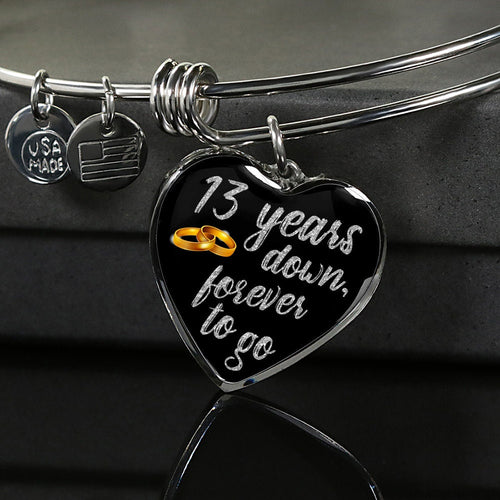 13th Anniversary Bangle Bracelet: Engraved Heart Pendant, Gold Finish