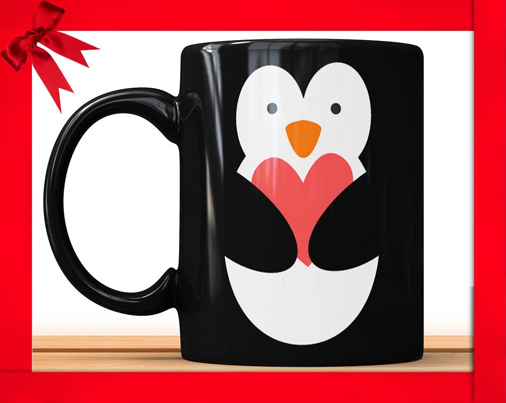 Penguin Black Coffee Mug - Valentines Girlfriend Gift for Boyfriend Cute Penguin Mug With Heart