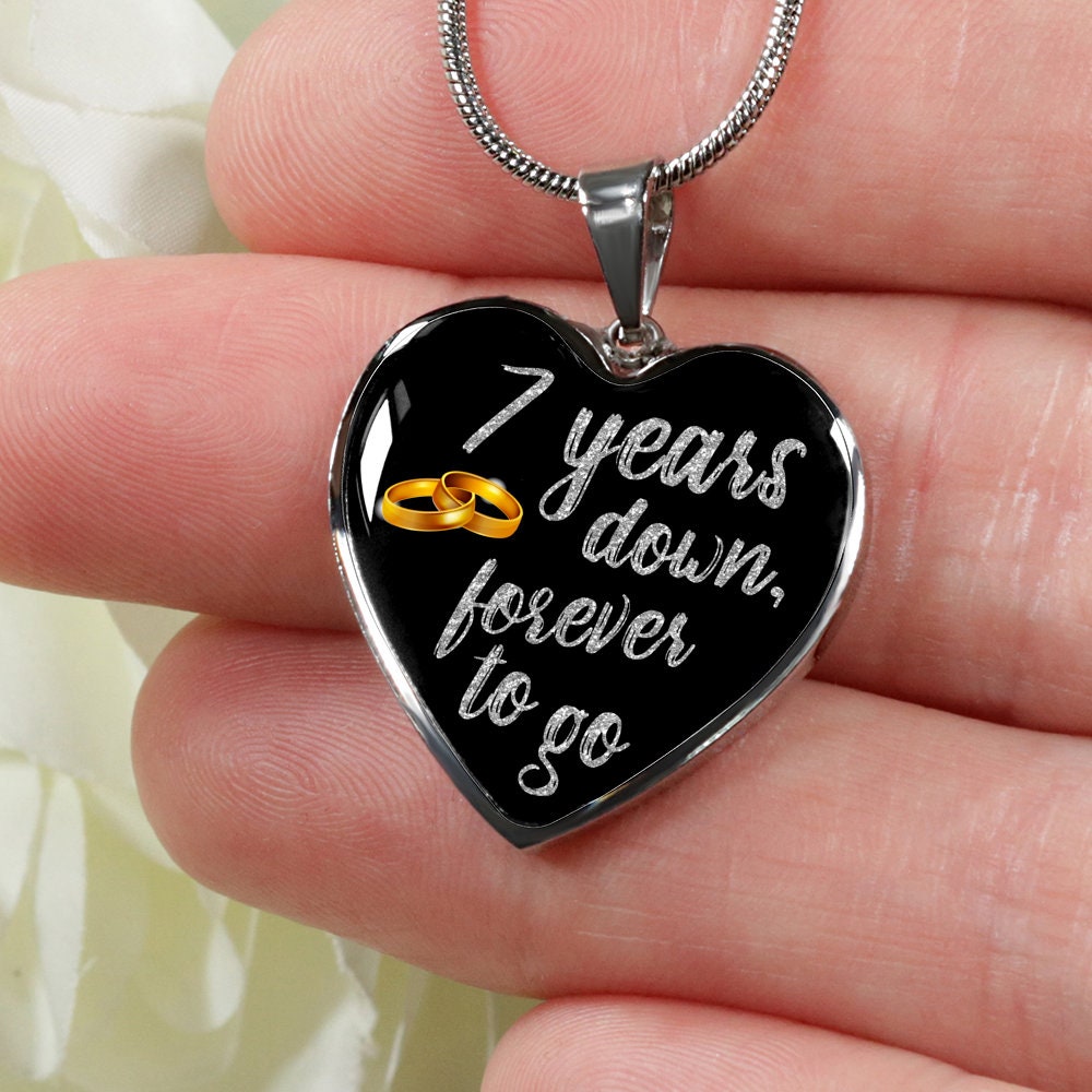 7th Anniversary Necklace: Engraved Heart Pendant, Gold & Silver