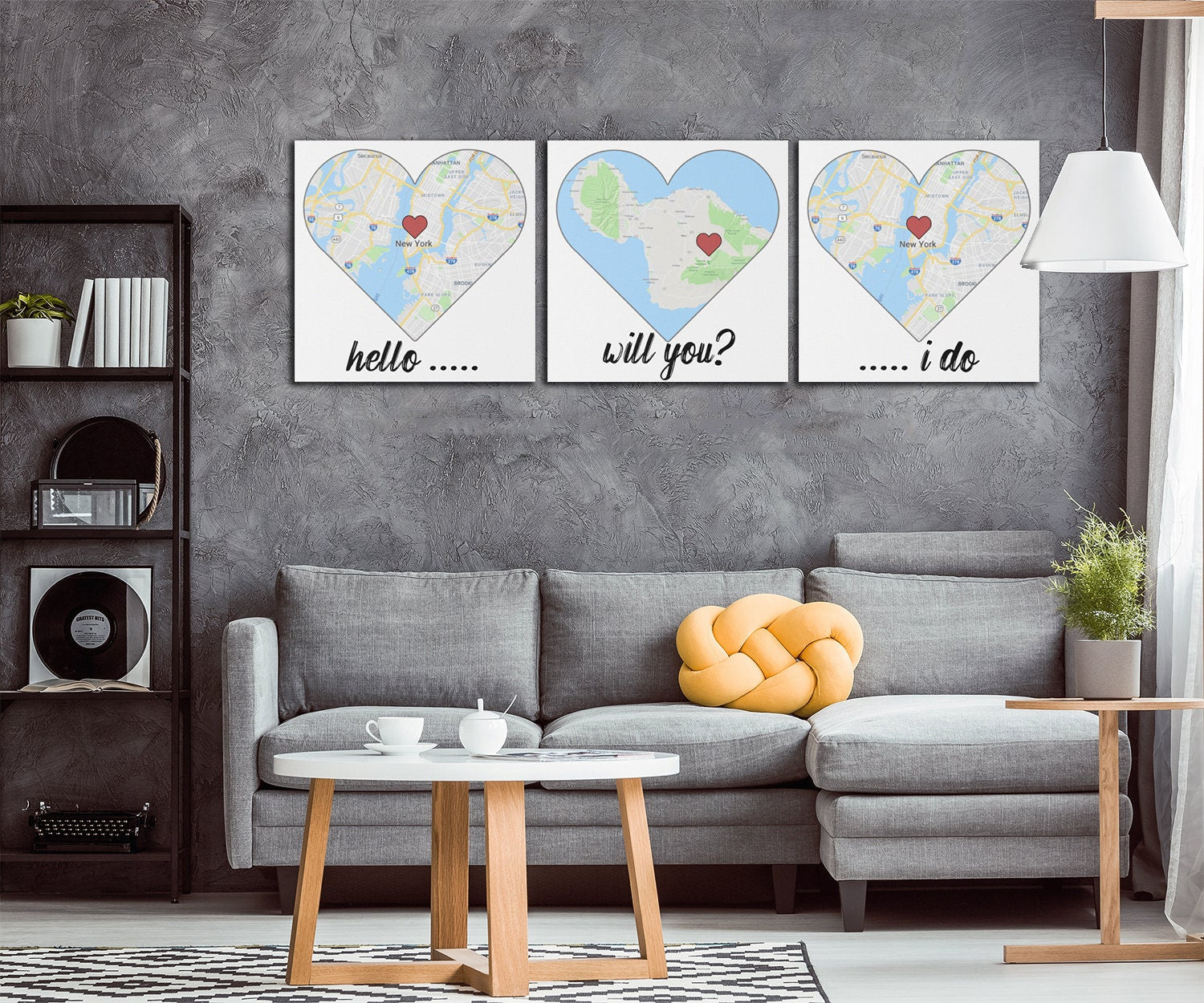 Gifts for Him or Her Cotton Anniversary Gift Custom Map Art using Three Locations, map heart, couple Location Canvas Personalized Wedding