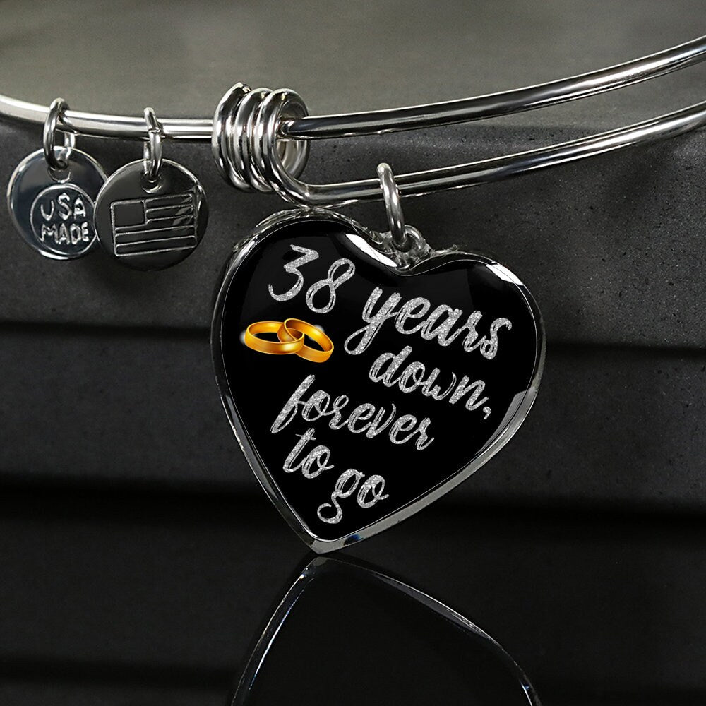 38th Anniversary Bangle Bracelet: Engraved Heart Pendant, Gold Finish