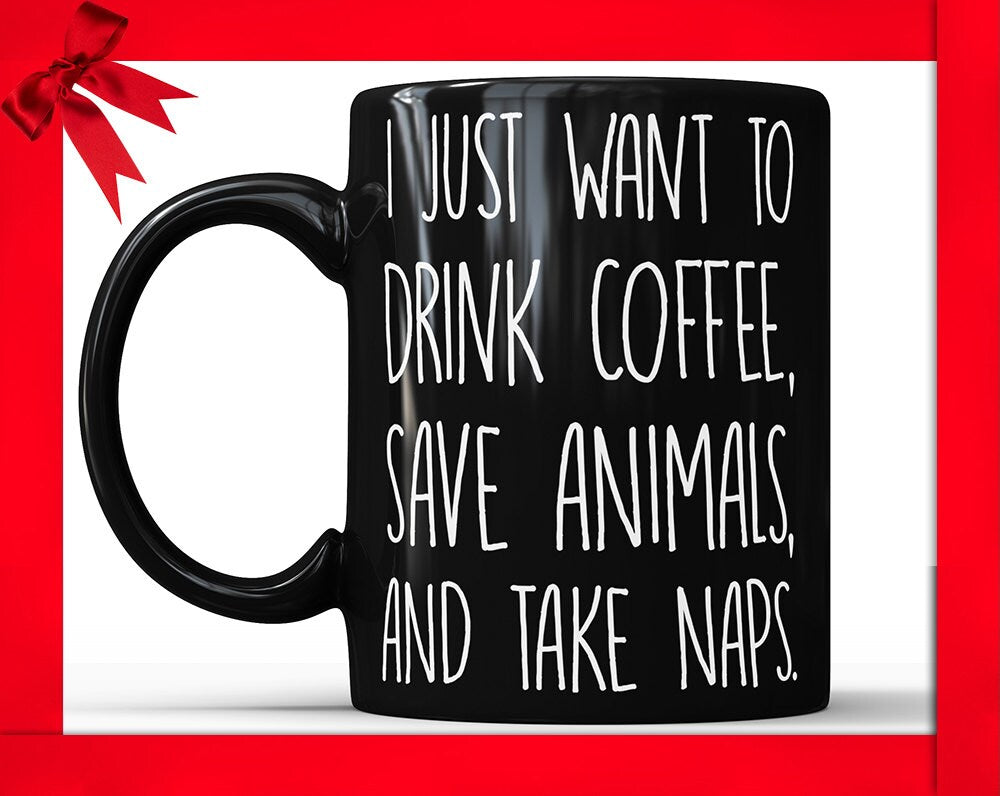 Funny Veterinarian Coffee Mug: Save Animals, Take Naps - Black Ceramic